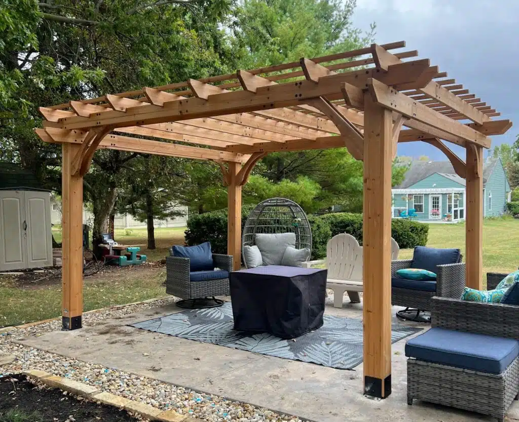 Custom wood pergola installed over backyard patio in Columbus Ohio