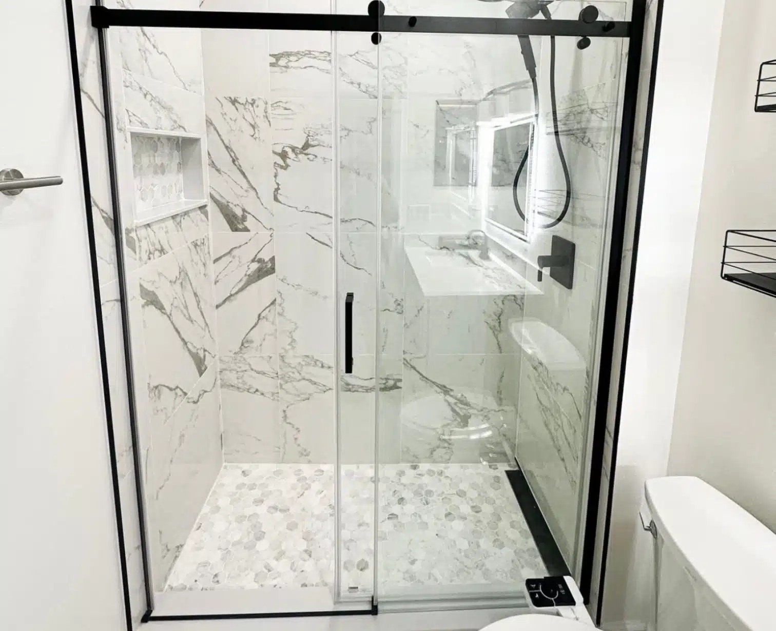 Finished walk-in shower installation in Columbus, Ohio with tiled walls