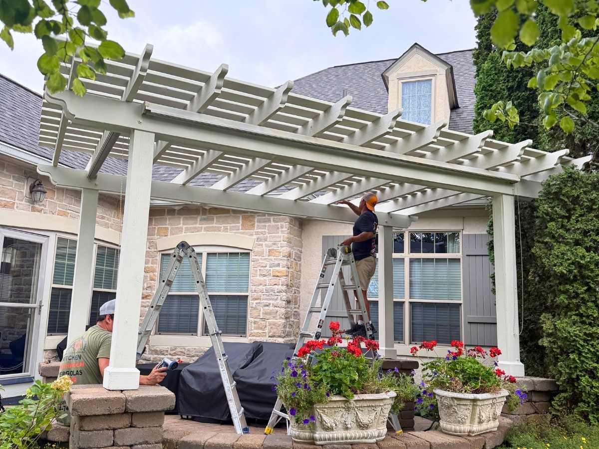 finished pergola installation white wooden pergola backyard patio columbus ohio home improvement project
