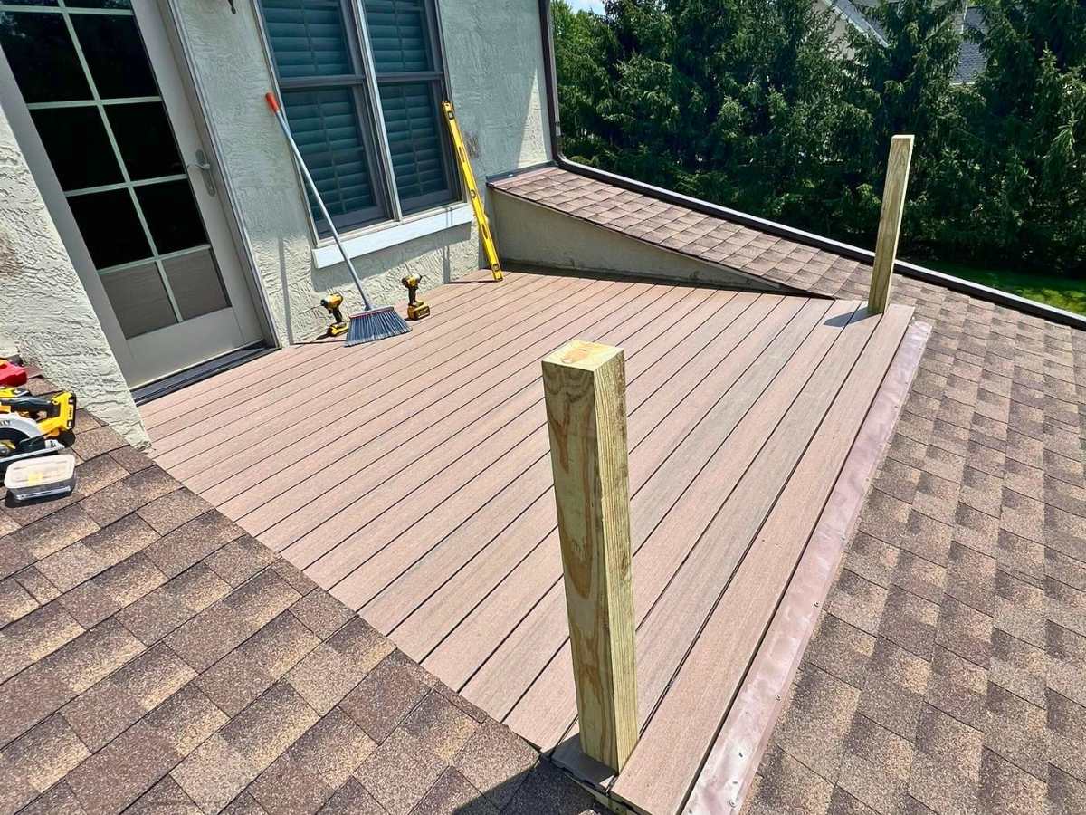 Rooftop composite deck during construction before railing installation